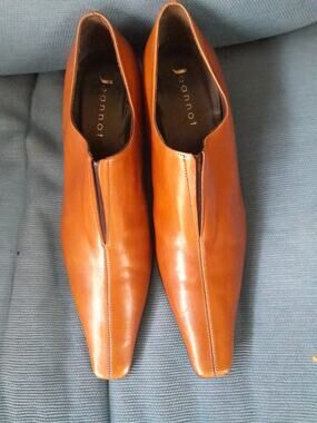 Jeannot Italy Leather Pointed Long Square Pumps Cognac Brown Sz 5 5.5 NWOB